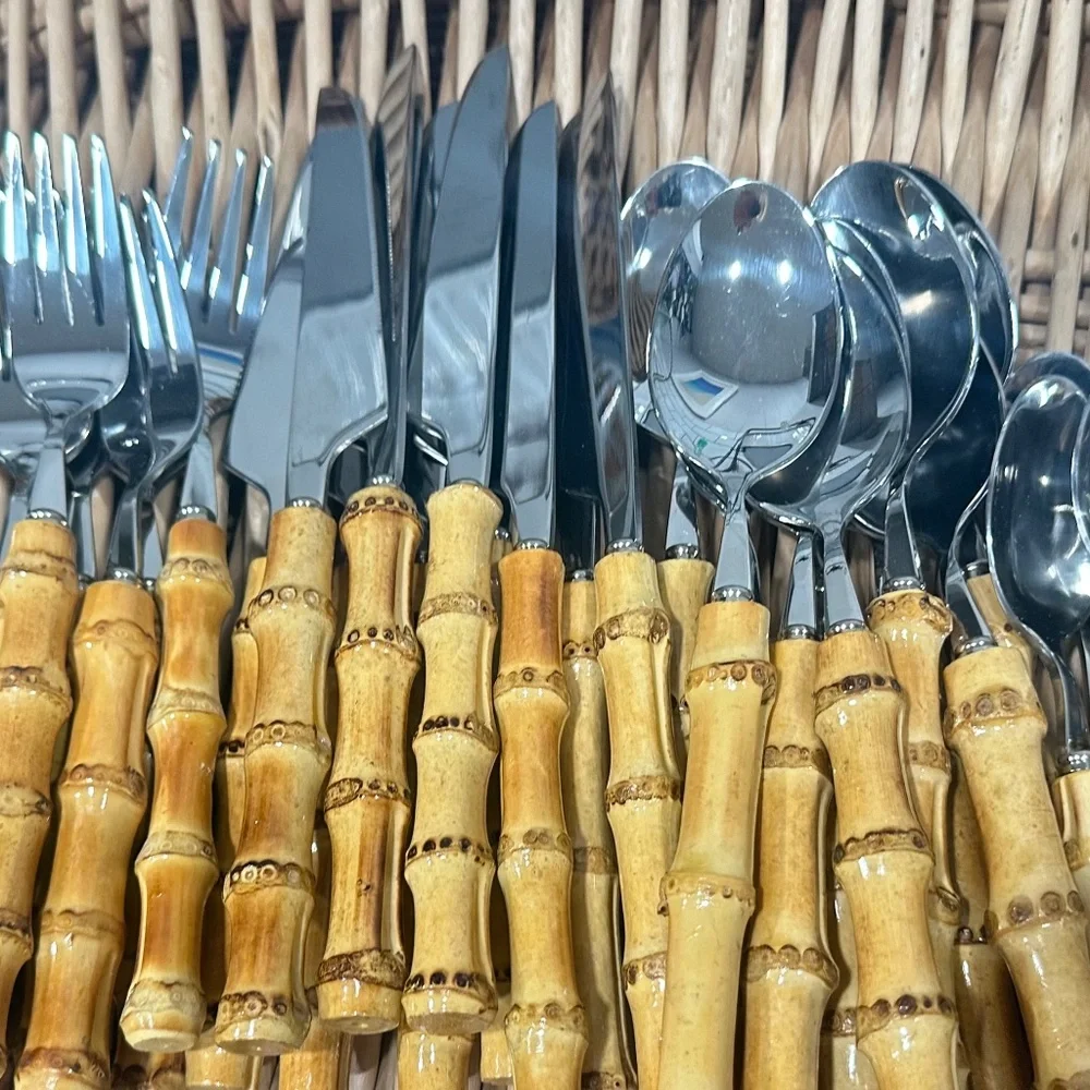 50-Piece Stainless Steel Bamboo Handle Flatware Silverware Set - Picture 2 of 2